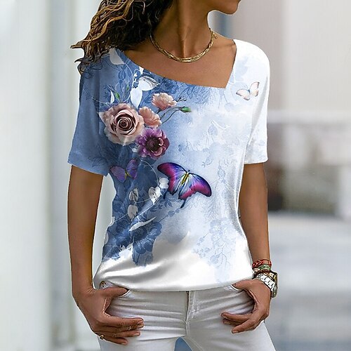 

T shirt Tee Femme Rose Claire Bleu Violet Floral Papillon Imprimer Manche Courte Vacances Fin de semaine basique Col V Normal Standard Fleur Papillon Peinture S