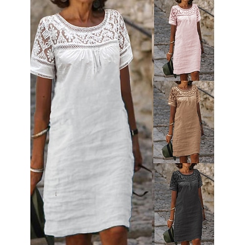 

Robe casual Robe en Coton Femme Robe mi-longue Mélange de Coton Mode basique Extérieur du quotidien Vacances Col Ras du Cou Découpé Manche Courte Eté Printemps 2023 Ample Noir Blanche Rose Claire