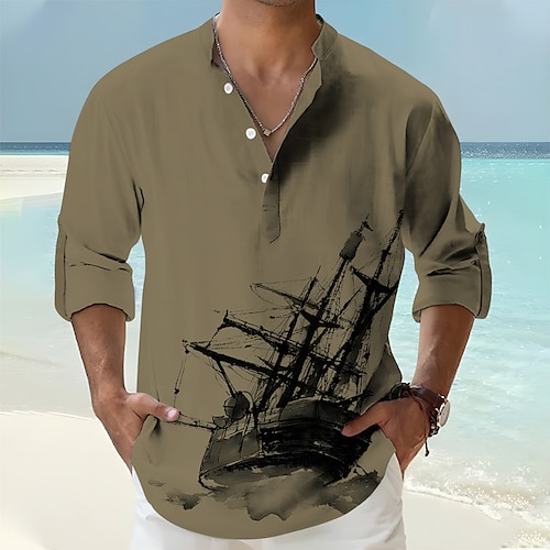 

Homens Camisa Social camisa de linho Estampas Abstratas Vintage Veleiro Colarinho Chinês Branco Verde Tropa Azul Laranja Ao ar livre Rua Manga Longa Imprimir Roupa Linho Moda Roupa de rua Designer