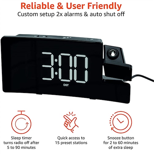 

Wecker für Schlafzimmer, Multifunktionsuhr mit UKW-Radio Projektion 0-100 % Dimmer Radio-Lautstärke, gebogener Bildschirm, zwei Alarme, USB-Ladegerät, Kristall-LED-Display, 5 Alarmtöne,