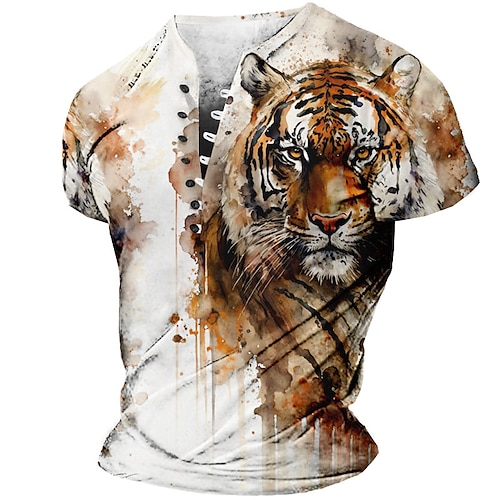 

Men's T shirt Tee Henley Shirt Graphic Animal Tiger Henley Clothing Apparel 3D Print Daily Sports Short Sleeve Buckle Print Fashion Designer Vintage