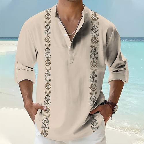 

Herren Hemd leinenhemd Grafik-Drucke Geometrie Ständer Weiß Khaki Outdoor Strasse Langarm Bedruckt Bekleidung Leinen Modisch Strassenmode Designer Brautkleider schlicht