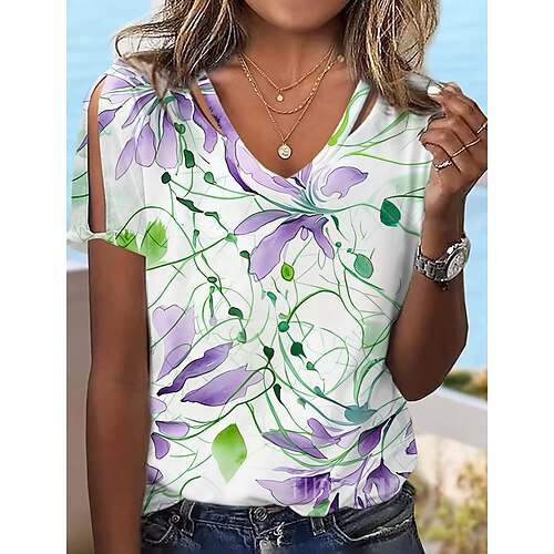 

T shirt Tee Femme Bleu Violet Vert Floral Découpé Imprimer Manche Courte Vacances Fin de semaine basique Col V Normal Standard Fleur Peinture S