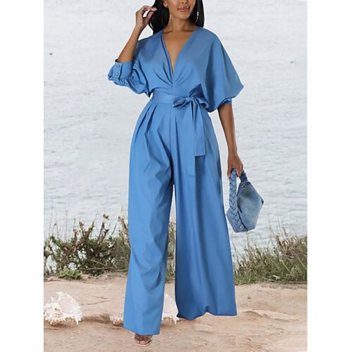 

Damen Jumpsuit mit Schnürung Hohe Taillenlinie Feste Farbe V Ausschnitt Geschäftlich Elegant B¨¹ro Arbeit Regular Fit Kurzarm Blau S M L XL Sommer