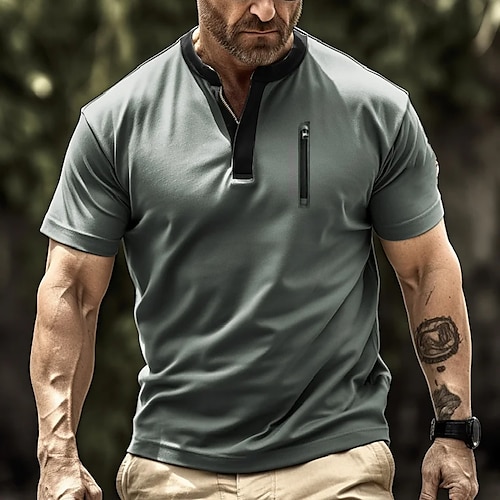 

Men's Henley Shirt Tee Top Plain Henley Street Vacation Short Sleeves Zipper Clothing Apparel Fashion Designer Basic