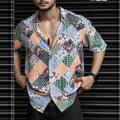 

Homens Camisa Social Camisas havaianas vintage Floral Tribal Estampas Abstratas Vintage Aberto para a Lateral Preto Azul Azul Claro Ao ar livre Rua Manga Curta Imprimir Roupa Moda Roupa de rua