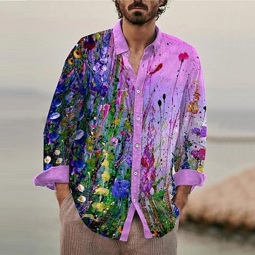 

Homens Camisa Social camisa de linho Floral Estampas Abstratas Aberto para a Lateral Roxo Ao ar livre Rua Manga Longa Imprimir Roupa Linho Moda Roupa de rua Designer Casual