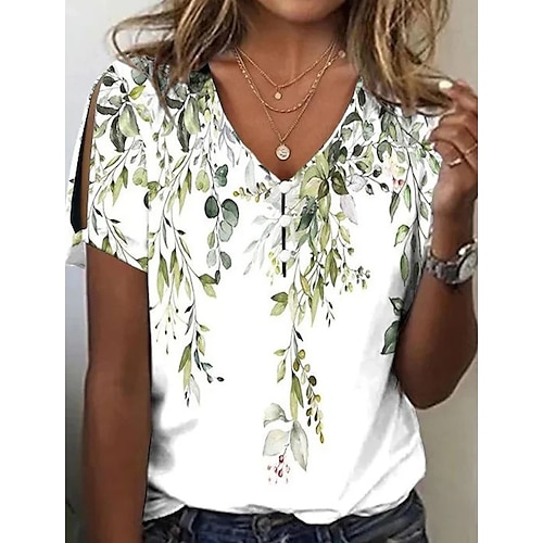 

Mulheres Camiseta Branco Amarelo Vinho Floral Botão Com Corte Manga Curta Feriado Final de semana Básico Decote V Padrão Tema Flores Pintura S
