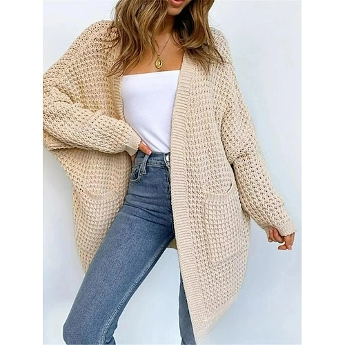 

Women's Cardigan Sweater Jumper Ribbed Knit Tunic Pocket Oversized Solid Color Open Front Stylish Casual Daily Going out Summer Spring Black White S M L