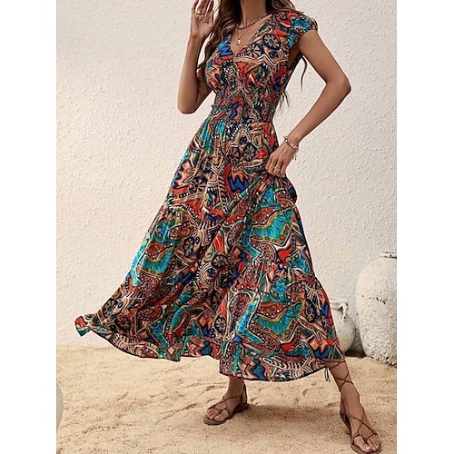 

Robe casual Robe ethnique Robe Évasée Femme robe longue Bloc de couleur Tribal Rétro Rétro Vintage du quotidien Vacances Sortie Imprimer Manche Courte Col V Robe Standard Bleu Eté Printemps S M L XL