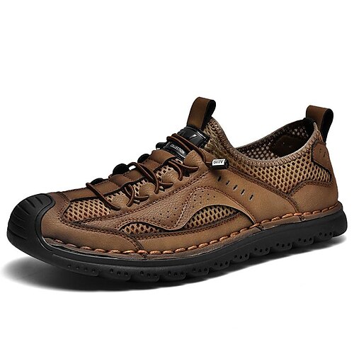

Homens Tênis Retro Sapatos Confortáveis Costura à mão Casual Diário Caminhada Couro Respirável Preto Marron Cinzento Verão Outono