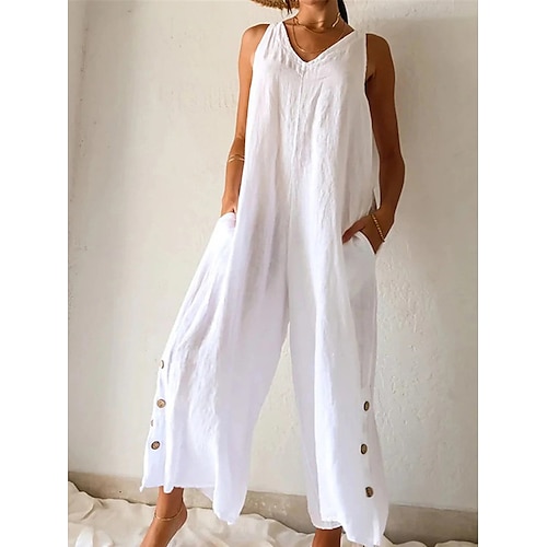 

Damen Jumpsuit Taste Tasche Feste Farbe V Ausschnitt Strassenmode Basic Strasse Täglich Regular Fit Ärmellos Weiß S M L XL Sommer