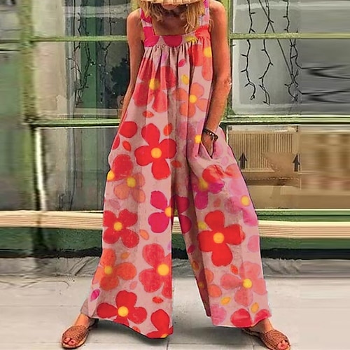 

Women's Jumpsuits Casual Summer Overall Pocket Print Floral Square Neck Casual Street Daily Wide Leg Regular Fit Sleeveless Green Blue Pink S M L Spring