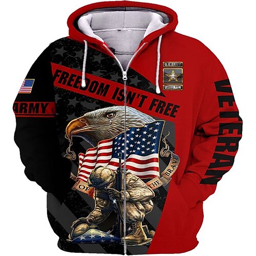 

Homme Sweat à capuche zippé Veste Rouge Capuche Imprimés Photos Aigle Drapeau National Zippé Imprimer Sport Loisir du quotidien Des sports 3D effet Vêtement de rue Design Décontractées Printemps