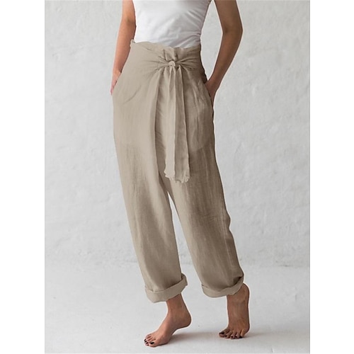 

Women's Loungewear Pants Regular Fit Solid Color Fashion Simple Casual Street Linen Breathable Straight Leg Trousers with Pockets Elastic Waistband Self Tie Knot Summer Spring Black White