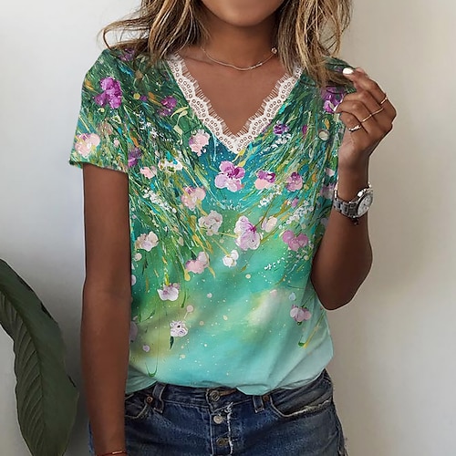 

Damen T Shirt Grün Blumen Spitzenbesatz Bedruckt Kurzarm Festtage Wochenende Basic V Ausschnitt Standard Blume Farbe S