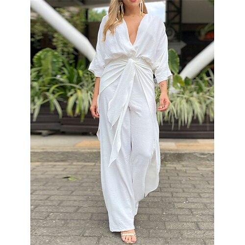 

macacão feminino cintura alta com cauda cor lisa decote em v streetwear streetwear ajuste regular manga 3/4 branco rosa s m l verão enrugado elegante