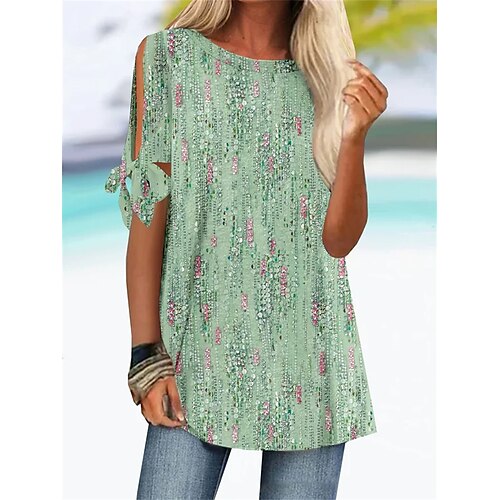 

Women's T shirt Tee Blouse Green Graphic Cut Out Print Short Sleeve Casual Basic Round Neck Long S