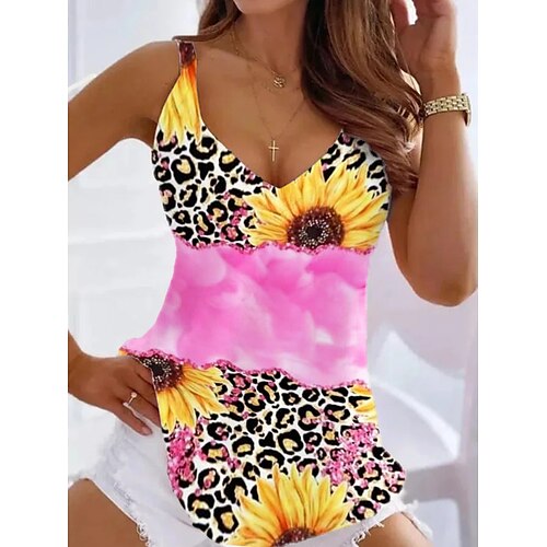 

Damen Tank Top Rosa Blau Purpur Leopard Bühnenlicht vielfarbig Bedruckt Ärmellos Festtage Basic V Ausschnitt Standard Blume S