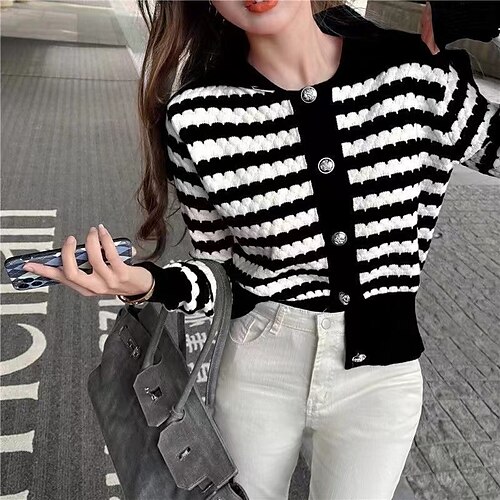 

Mujer Chaqueta de Punto Puente Waffle Tejer Ahuecado Botón A Rayas Cuello Barco Casual Diario Fin de semana Otoño Invierno Negro Rojo Tamaño Único