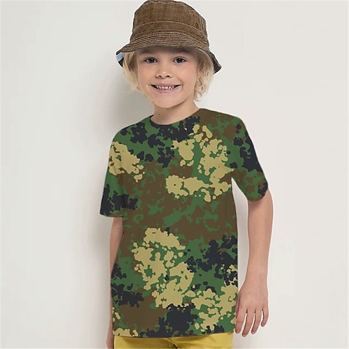 

Jungen-Camouflage-T-Shirt, kurzärmliges T-Shirt, T-Shirt mit Grafik-Camouflage, 3D-Druck, aktiver Sport, Mode, Polyester, Outdoor, lässig, täglich, Kinder, Rundhalsausschnitt, 3–12 Jahre, 3D-gedruckte Grafik, normale Passform