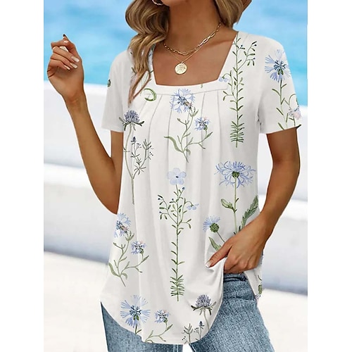 

Mujer Camiseta Blanco Azul Piscina Morado Floral Estampado Manga Corta Casual Festivos Básico Escote Cuadrado Regular Flor Pintura S