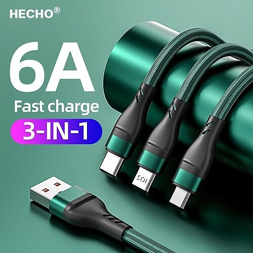 

3 em 1 cabo trançado micro usb tipo c 100w cabo de carregador de smartphone para iphone 13 pro xiaomi huawei 6a linha de dados de carregamento rápido