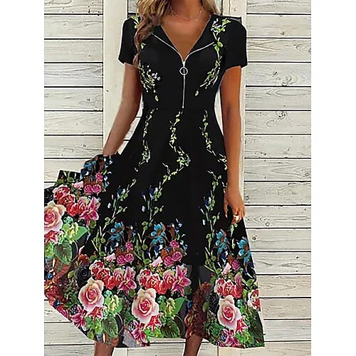 

Damen Lässiges Kleid Schaukelkleid Sommerkleid Blumen Zip Bedruckt Hemdkragen Midikleid Modisch Elegant Outdoor Täglich Kurzarm Lockere Passform Schwarz Sommer Frühling S M L XL XXL
