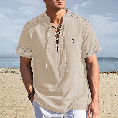 

Herren Hemd leinenhemd Henley Shirt Kokosnussbaum Grafik-Drucke Geometrie Ständer Bekleidung Outdoor Strasse Kurzarm Kordelzug Bedruckt Leinen Modisch Strassenmode Designer Brautkleider schlicht