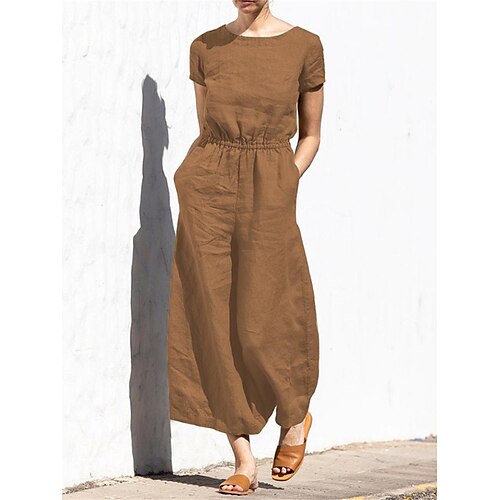 

Women's Jumpsuit Pocket Solid Color Crew Neck Streetwear Street Going out Regular Fit Short Sleeve Wine Navy Blue Camel S M L Summer