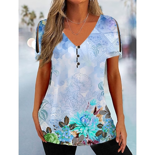 

Damen T Shirt Gelb Blau Purpur Blumen Taste Ausgeschnitten Kurzarm Festtage Wochenende Basic V Ausschnitt Standard Blume Farbe S