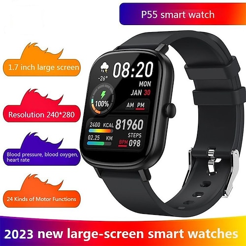 

P55 Smart Watch 1.7 inch Smartwatch Fitness Running Watch Bluetooth Pedometer Call Reminder Activity Tracker Compatible with Android iOS Women Men Long Standby Waterproof Message Reminder IPX-8