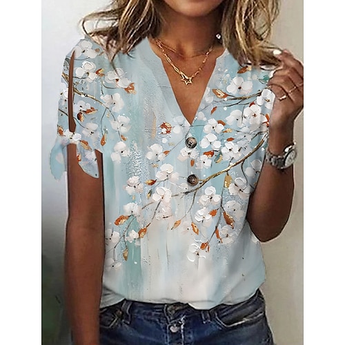

Mujer Camiseta Blanco Azul Piscina Morado Floral Botón Cortado Manga Corta Festivos Fin de semana Básico Escote en Pico Regular Flor Pintura S