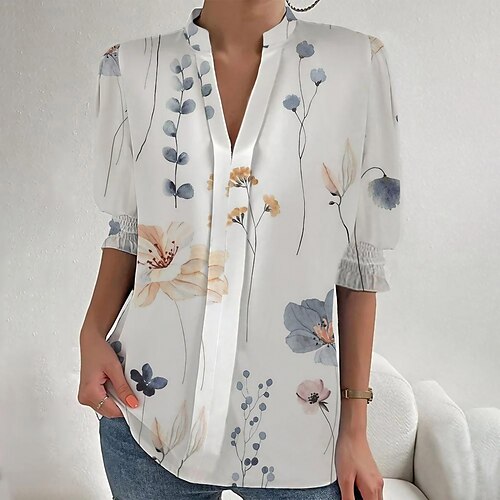 

Mujer Camisa Blusa Blanco Rosa Rojo Floral Estampado Media Manga Casual Festivos Básico Escote en Pico Regular Flor S