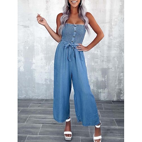 

Damen Jumpsuit mit Schnürung Taste Feste Farbe Trägerlos Strassenmode Ausgefallene B¨¹ro Arbeit Regular Fit Ärmellos Blau S M L XL Sommer