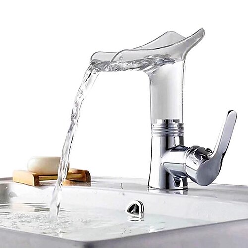 

Wasserfall-Badezimmer-Wasserhahn, Kunst-Design, klarer ABS-Auslauf, Waschbecken-Mischbatterie, Einhand-Waschraum-Wasserhahn aus Messing mit kaltem und heißem Schlauch