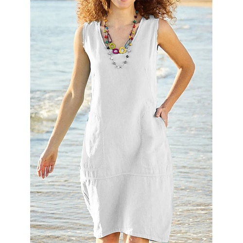 

Robe casual Robe en coton et lin Femme Robe mi-longue Mélange de Coton basique Moderne Extérieur du quotidien Vacances Col en U Poche Sans Manches Eté Printemps 2023 Ample Bleu Ciel Noir Blanche Plein