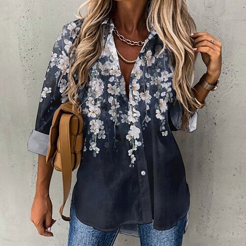 

Women's Shirt Blouse Navy Blue Purple Green Floral Button Print Long Sleeve Casual Holiday Basic Shirt Collar Regular Floral S