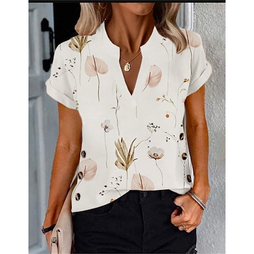 

Mulheres Camiseta Branco Azul Bege Floral Imprimir Manga Curta Feriado Final de semana Básico Decote V Padrão Tema Flores Pintura S