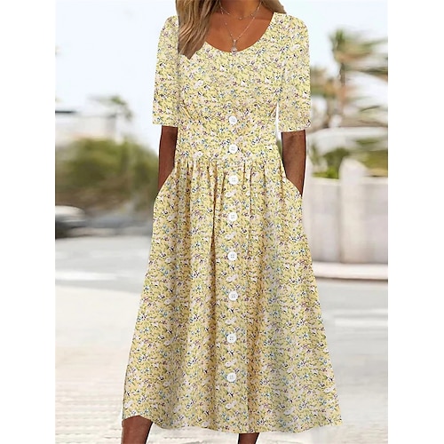 

Damen Lässiges Kleid Blumenkleid Sommerkleid Blumen Ditsy Blumig Taste Tasche Rundhalsausschnitt Midikleid Modisch Modern Outdoor Täglich Halbe Ärmel Lockere Passform Gelb Sommer Frühling S M L XL XXL