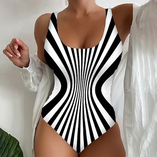

Women's Swimwear One Piece Normal Swimsuit Printing Striped Beach Wear Summer Bathing Suits