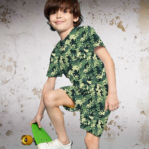 

2 pièces enfants garçons camo t-shirt et short t-shirt ensemble de vêtements tenue graphique camo camouflage manches courtes ras du cou ensemble extérieur impressions 3d sports actifs mode été printemps 3-13 ans vert