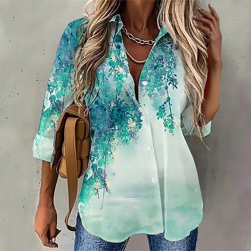 

Mulheres Camisa Social Blusa Rosa Azul Verde Floral Botão Imprimir Manga Longa Casual Feriado Básico Colarinho de Camisa Padrão Tema Flores S