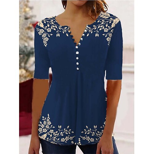 

Chemise Chemisier Femme Noir Blanche Bleu Floral Bouton Imprimer Manche Courte Casual basique Col Rond Normal Standard Fleur S