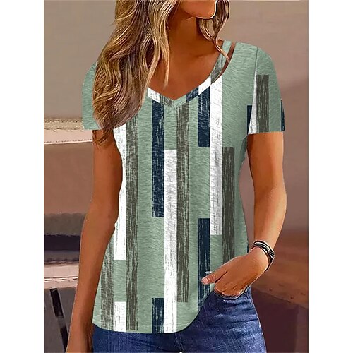 

Mulheres Camiseta Azul Verde Bloco de cor Imprimir Manga Curta Casual Básico Decote V Padrão Geométrico S