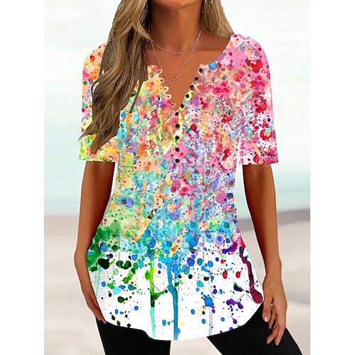 

Mulheres Camiseta Rosa Azul Arco-íris Floral Tintura Tie Dye Botão Imprimir Manga Curta Casual Feriado Básico Decote Redondo Padrão Tema Flores S