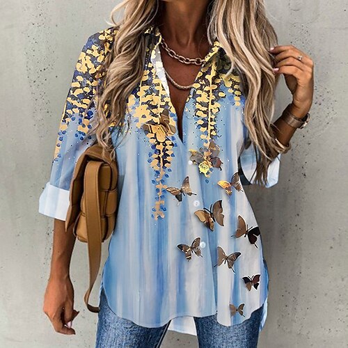 

Women's Shirt Blouse Pink Blue Purple Butterfly Color Gradient Button Print Long Sleeve Casual Basic Shirt Collar Regular Butterfly S