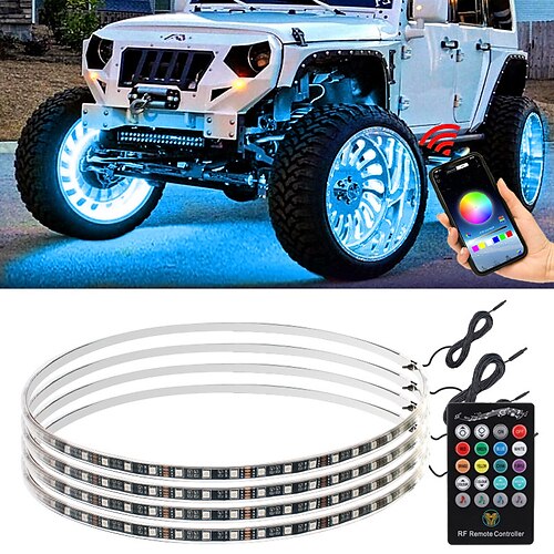

4pcs led rgb lâmpada de néon carro hub luz app/controle remoto tira de anel de roda automática ajustável à prova d'água decoração atmosfera luz