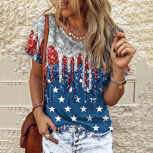 

Women's T shirt Tee Blue Star American Flag Print Short Sleeve Daily Weekend Basic Round Neck Regular Painting S