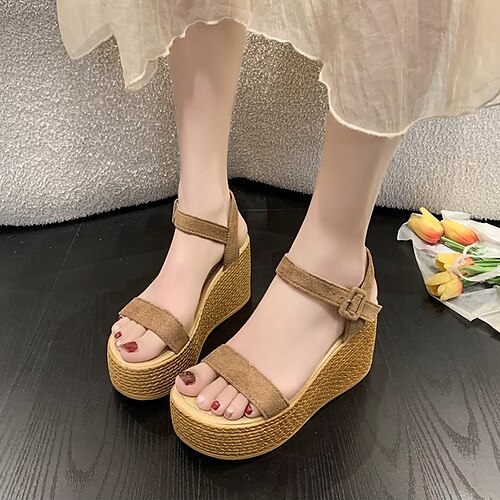 

Women's Sandals Wedge Sandals Platform Sandals Plus Size Daily Summer Buckle Wedge Heel Peep Toe Casual Faux Leather Ankle Strap Solid Color Almond Black Green